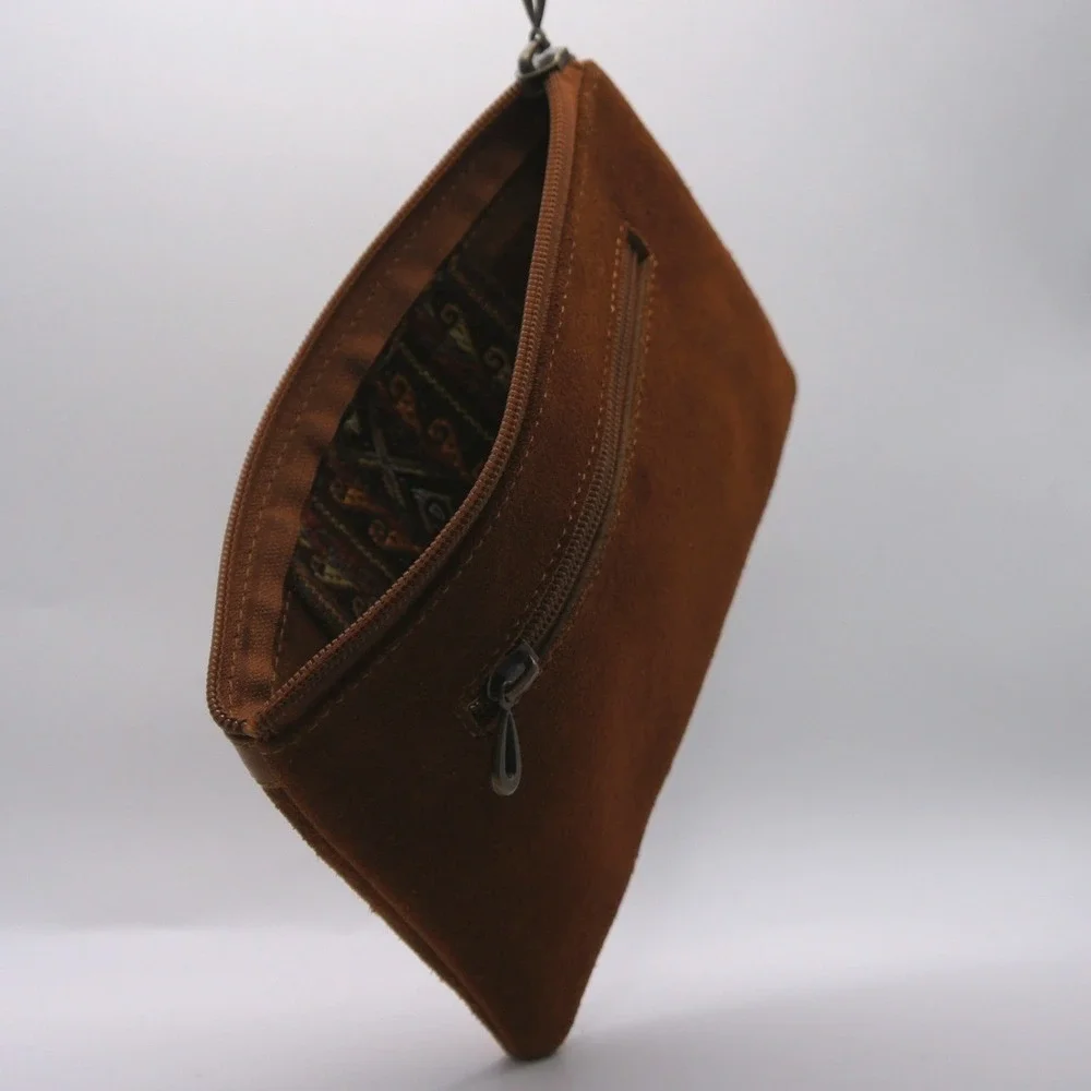 Vintage Suede Wristlet OS Brown Boho Geometric Kilim Embroidered Clutch Bag